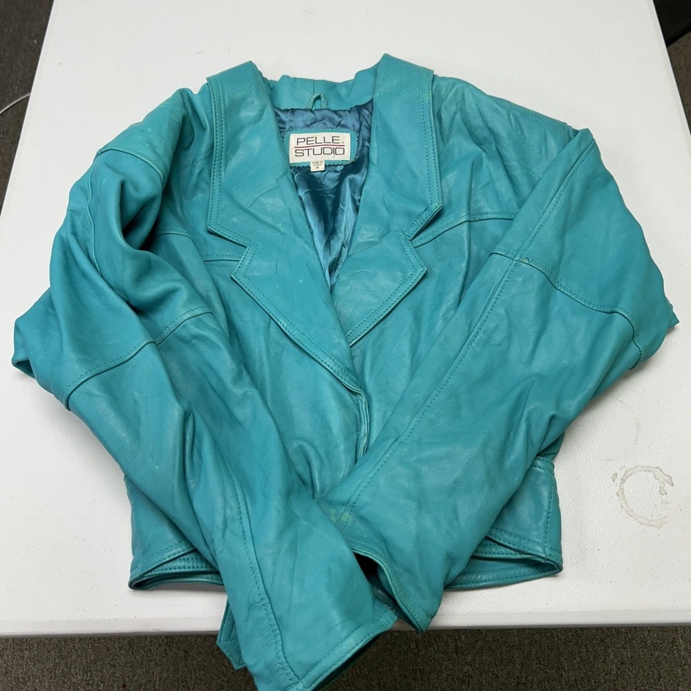 Pelle Studio Leather Jacket Womens M Teal Blue Vintage 80s Cropped Belted 2352J
